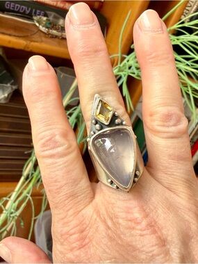 Acid Queen Warrior Shield Ring, Rose Quartz and Citrine, Size US 8